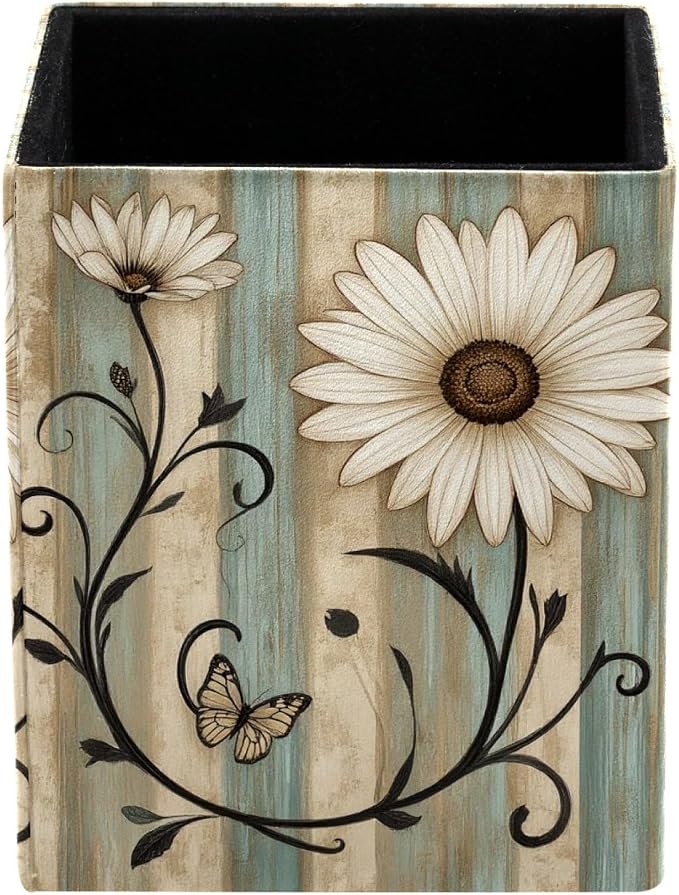 Flowers on Vintage Wooden Boards Pen Holder for Desk Decor, Rectangular PVC Leather Pencil Cup for Desk Pen Organizer, Makeup Brush Holder for School, Home, Office