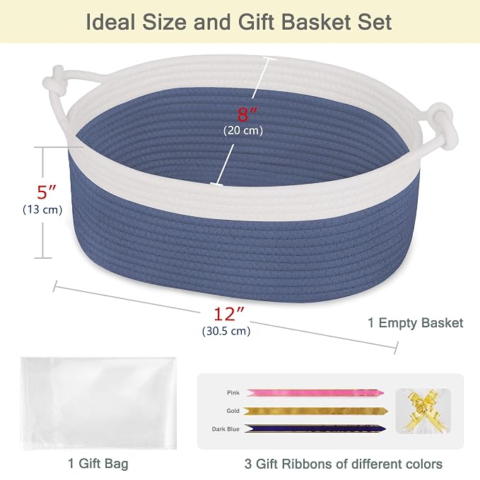 Small Empty Gift Basket with Bag & Ribbons, White & Folkstone Gray | 12“x8”x5”, Cotton Rope Woven Basket for Birthdays, Baby Showers, Mother's Day, Christmas; Stores Small Items, Kids & Pet Toys