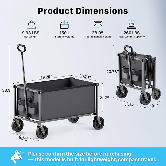 29.3" Collapsible Wagon Cart, 150L Heavy Duty Folding Utility Wagon with Wheels, 260 lbs Load, Portable Rolling Cart for Garden, Shopping, Sports, Camping, Darkgray