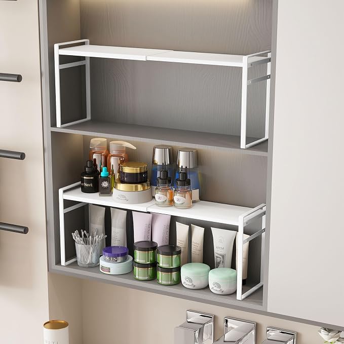 Expandable Medicine Cabinet Organizer, White | Narrow Stackable Storage Trays Holder for Bathroom Mirror Cabinets & Vanity, slim shelf for small spaces,Sturdy Load Capacity