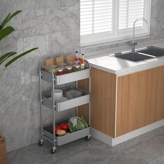 MAX Houser 3-Tier Rolling Utility Cart with Caster Wheels, Silvery-Grey | Easy Assembly, multi-purpose storage trolley for kitchen, rolling cart with smooth caster wheels for bathroom