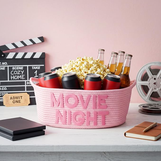Movie Night Gift Basket with Handles, Cotton Rope Storage Snack Tray | 17"x13"x7" Woven Storage Popcorn Container Large Snack Basket for Movie Night Family Room Home Theater Birthday Party Decor