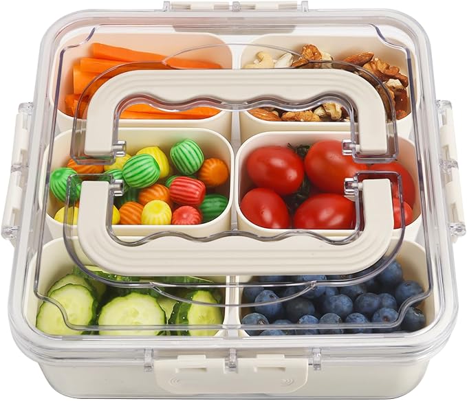 Small Snackle Box Snack Container with Lid, Divided Serving Tray Salad Bar | Portable Snack Platter Fruit Veggie Trays Snackele Box Containers for Charcuterie, Party, Snack, Nuts, Beach, Travel, Picnic