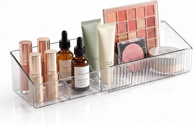 JessLab Expandable Mirror Cabinet Organizer, Clear Adjustable Makeup Bin with Dividers, Skincare Storage, Cosmetic Display Case for Bathroom Vanity Drawer, 1 Pack