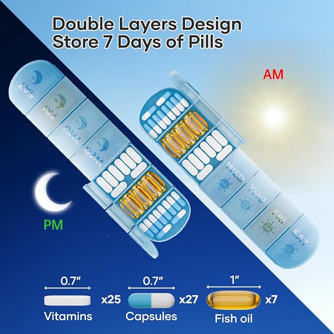 2 Layers Weekly Pill Organizer 2 Times a Day, Travel Medicine Pill Organizer, Pill Box Case 7 Day AM PM, Pill Container for Vitamins, Fish Oil, Supplements and Medication, Blue