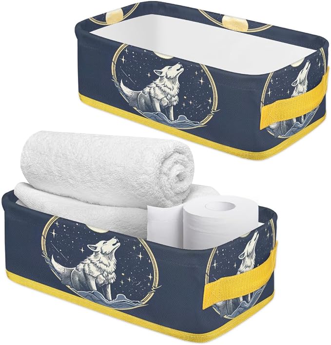 Wolf Stars Moon Bathroom Storage Basket, Foldable with Handle Open Countertop Paper Towel Decorative Box, Toilet Tank Top Shelf Baskets for Home Closet Bedroom Living Room Office