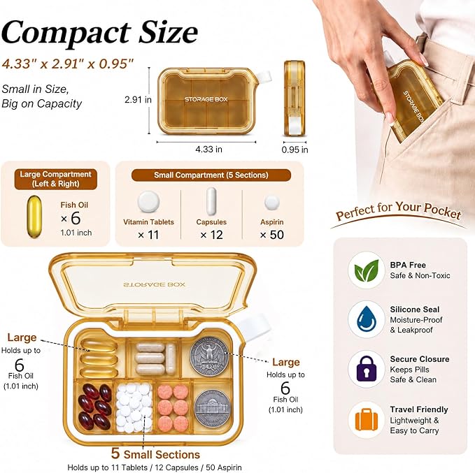 Small Pill Case, Travel Pill Organizer with Water-Proof Silicone Carry Loop | Pocket Size Medicine Box, 7 Compartments Compact Pill Box for Fish Oil Vitamins Supplements Daily Medications