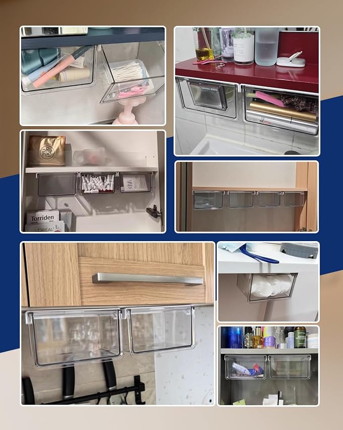 Hanging Cabinet Organizer – 33° Tilted Under Desk Drawer & Bathroom Storage – Self-Adhesive Clear Pull-Out Bins for Kitchen, Office & Vanity (Small)