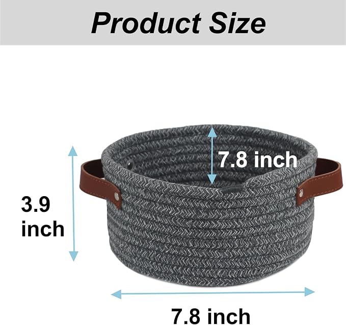 Small Woven Cotton Rope Basket with Leather Handle, Grey | Mini Round Storage Basket, Empty Gift Basket, Nursery Toy Organizer, Decorative Shelf Bin, Boho Room Decor
