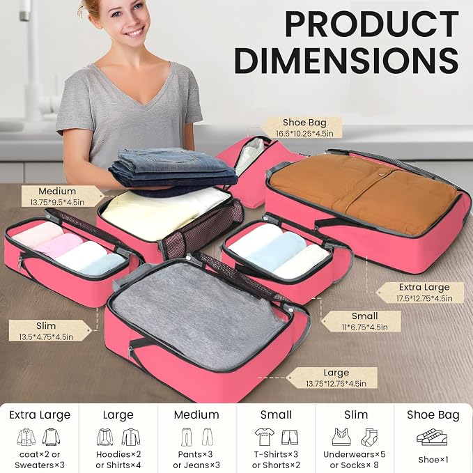 BAGAIL 4 Set/6 Set/8 Set Compression Packing Cubes Travel Accessories Expandable Packing Organizers (Half Mesh, 6-Coral)