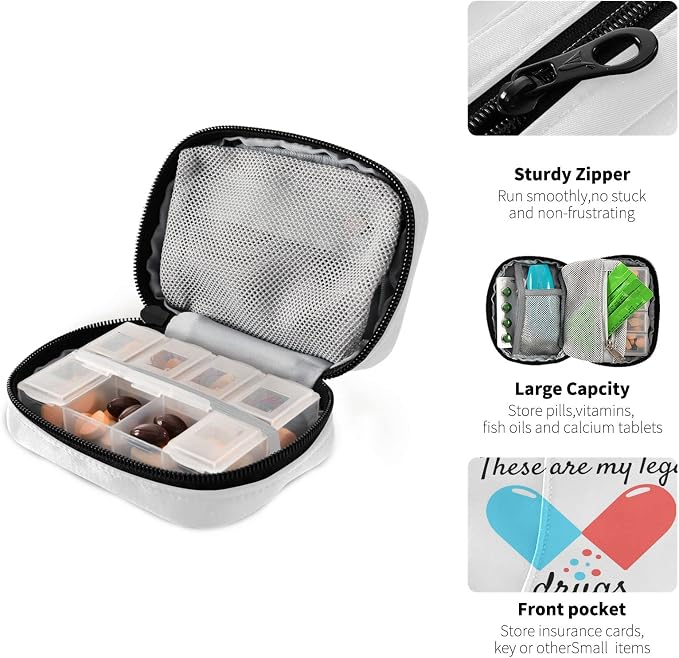 Naanle Blue and Red Pill Box 7 Day Case Bag Travel Organizer with Zipper Portable Weekly Compact Size for Vitamin Supplement Holder A Cartoon White 4.6 x 3.14 x 1.88 Inch