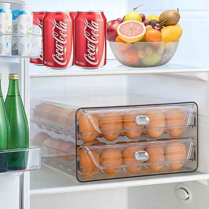 Egg Holder for Refrigerator,60 Eggs Clear Drawer Organizer | 2 Layer Stackable Egg Holder Egg Trays,Egg Storage Container with Time Scale for Fridge Countertop Cabinet
