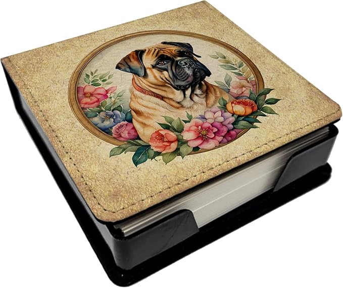 Caroline's Treasures Bullmastiff and Flowers PU Leather Note Paper Holder with Artist-Designed Cover, Desk Accessory, Office Gift