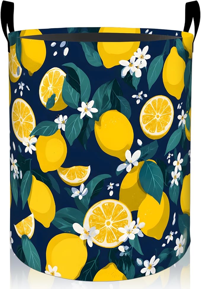 Lemon Floral Laundry Basket, Blossom Fruit Oxford Cloth Dirty Clothes Collapsible Hamper for Room Decor, Botanical Gifts, Toy Organizer 19.7 x 15.7 Inches for Bedroom Bathroom Dorm