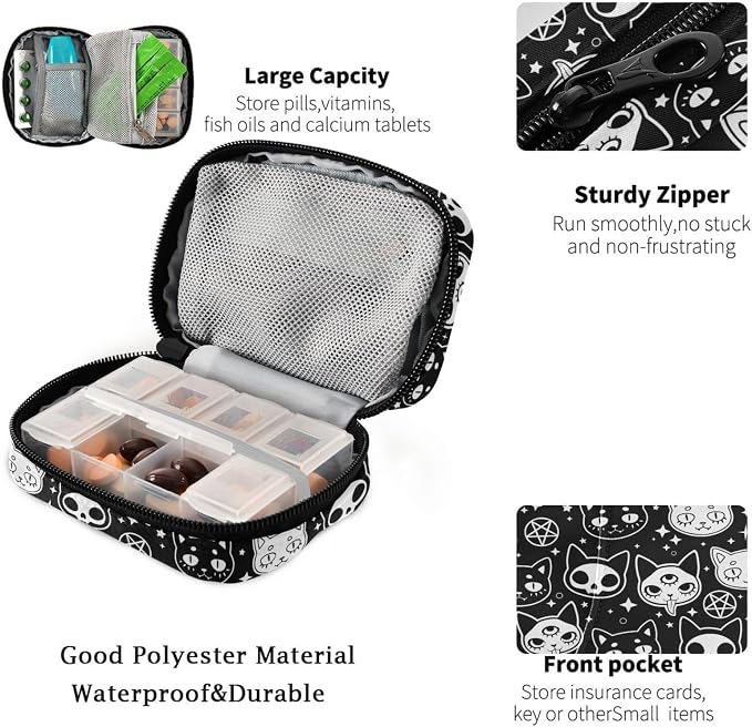 Fustylead Magical Symbols of Witchcraft Cats Pill Organizer Travel Portable Zipper Cloth Bag for Holding Weekly Supplements Vitamins and Fish Oils