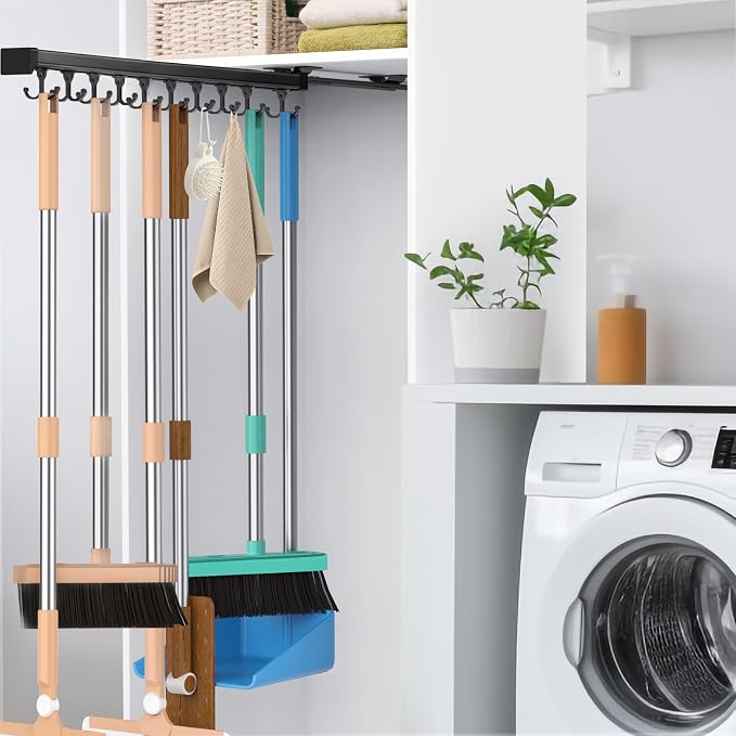 Pull Out Broom Holder With Adjustable Double Row Sliding Hook-Black 22in | High Load Capacity, Multifunctional Slide Broom And Mop Storage/Garage Organization Hooks, for Closet Laundry, kitchens