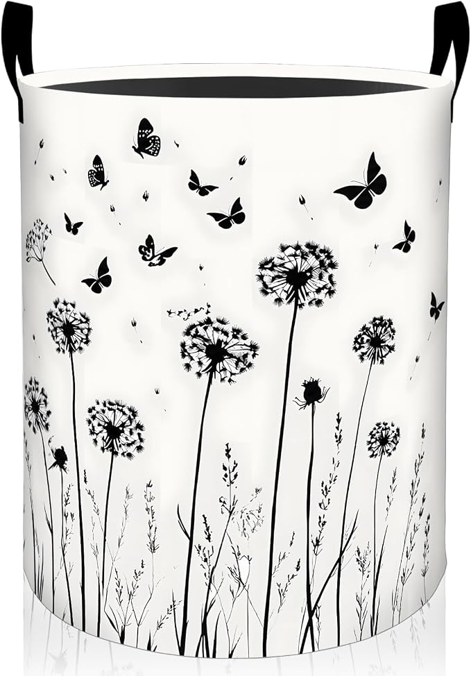 Dandelion Laundry Basket, Butterfly Floral Print Foldable Oxford Cloth, Waterproof Dirty Clothes Hamper with Handles, Clothing Storage Bin Toy Organizer for Bedroom Dorm Bathroom, 19.7"x15.7"