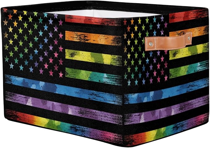 Pardick Flag Basket Storage Bins Rectangle Canvas Basket Cube Storage Box | Nursery Foldable Basket with Handle for Kids Girls Boys Toys Living Room Closet Organizer Shelf Gifts Camo Rainbow