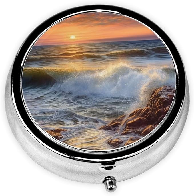 Round Pill Box Rocky Wave Sunset Painting Pill Case for Purse & Pocket 3 Compartment Pill Organizer Portable Travel Pillbox Medicine Pill Holder Container for Daily Vitamin Cod Liver Oil Storage
