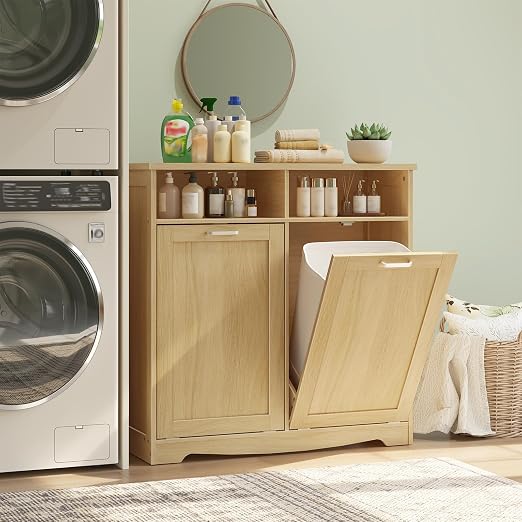 HOOBRO Double Tilt Out Trash Can Cabinet, 20 Gallon Kitchen Trash Bin Cabinet, Hidden Trash Storage with Open Compartments, Hidden Laundry Hamper, for Kitchen, Laundry, Natural NL04LJ01