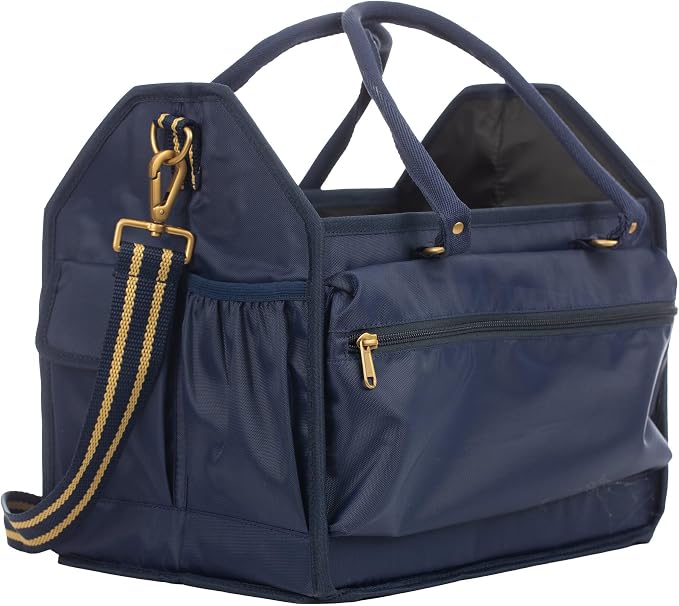 Equinavia Darby Large Collapsible Grooming Tote Bag for Horses, Dogs, Cats | Organizer with Shoulder Strap | 9" x 13" x 12" - Navy/Gold - One Size