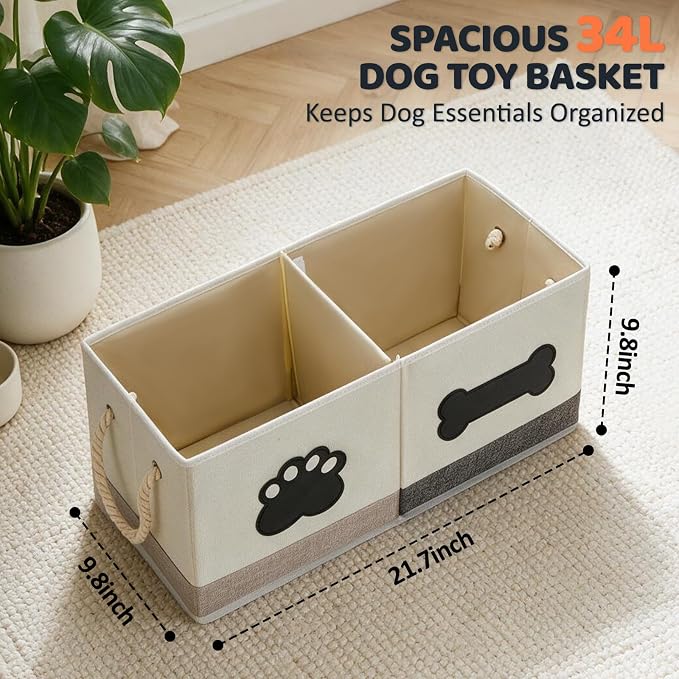 Dog Toy Basket Foldable Pet Toy Box Storage Bin with Lid, 21.7×9.8×9.8" | 34L Collapsible Box,Fabric Dog Storage Box with Handle,Name Label and Fexible Divider, Organizer for Living Room, Beige