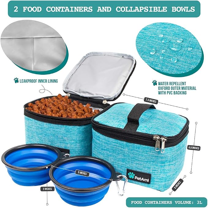 PetAmi Dog Travel Bag Organizer, Pet Supplies Diaper Tote, Teal Blue Medium | Pet Travel Kit with 2 Food Containers & 2 Collapsible Dog Bowls, Luggage Sleeve, Weekend Getaway Road Trip Camping Essentials
