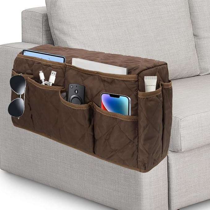 Remote Control Holder, Non Slip Bedside Armchair Caddy, Recliner Arm Caddy Armrest Organizer with 14 Pockets for Cell Phone TV Remote Control Magazines