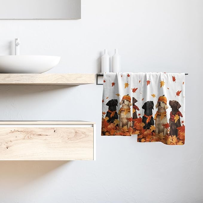 Giwawa Fall Dog Towel Set of 2, Autumn Pumpkins Orange Maple Leaves Funny Puppy Decorative Hand Towels, Thanksgiving Harvest Soft Face Towel Washcloth for Bathroom Guest Gym Spa Hotel Home