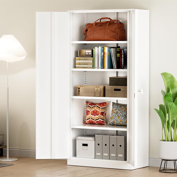 Greenvelly Metal Storage Cabinet - 72" Steel White Cabinet with 2 Doors and 4 Adjustable Shelves, Lockable - Perfect for Garage, Home Office, Pantry