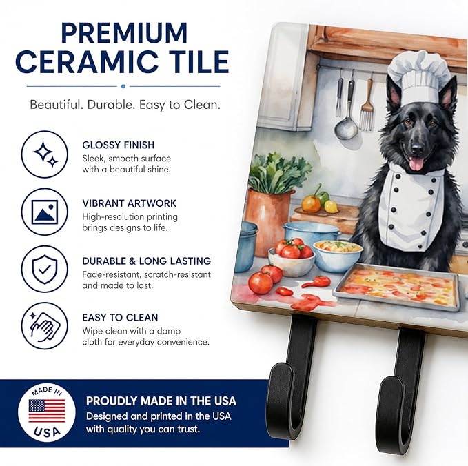 Caroline's Treasures Belgian Sheepdog The Chef Leash or Key Holder Wall Hooks, Key Hooks Holder, Coat Rack Wall Mount, Coat Hooks, Hooks for Hanging Keys, Towels, Aprons, Leashes | Belgian Sheepdog The Chef artwork on ceramic tile with three steel hook...