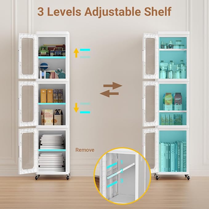 BROVIEW 4-Tier Tall Narrow Storage Cabinet Organizer, Slim Bathroom Cabinets with Adjustable Shelves and Doors, Plastic Kitchen Pantry Organizers and Storages for Small Space, Laundry, White