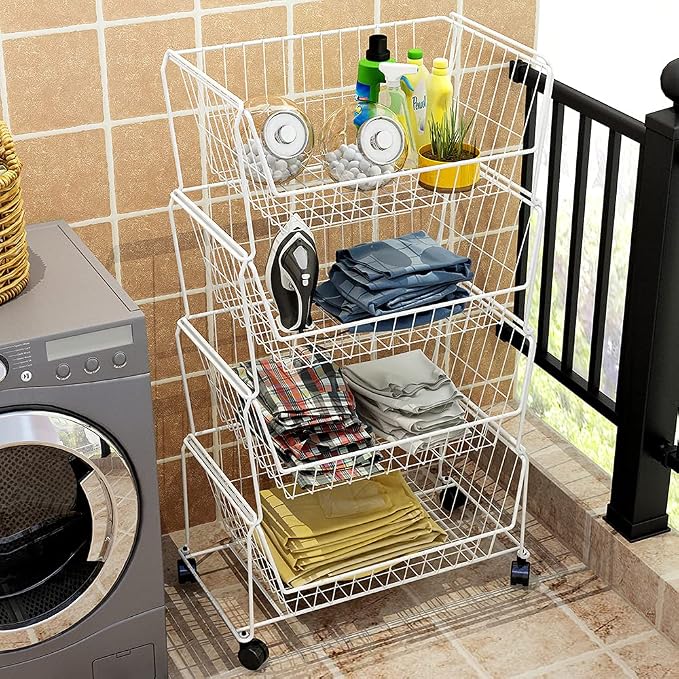 PUSDON 4-Tier Large Stackable Wire Storage Baskets with Wheels, Metal Rolling Utility Cart Organizer, Produce Basket for Kitchen Pantry, Floor Shelf, Classic White