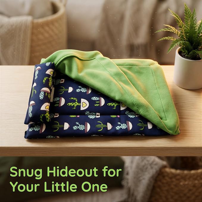 Reptile Sleeping Bag with Pillow and Blanket, Soft Canvas Bearded Dragon Sleeping Bag, Cactus Pattern Hideout Habitat, Cozy Bed for Leopard Gecko, Lizard, Hamster, Small Pets, Blue and Green