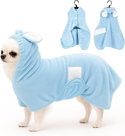 Pet Bathrobe Towel Dog Cat Drying Coat Super Absorbent Cute Dogs Bath Towel Hooded Robe Adjustable Collar & Belly Strap for XSmall to XLarge Pets (Blue, Medium)