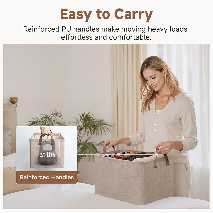 StorageWorks Large Fabric Storage Bins, Brown and Beige, 2-Pack | With Reinforced PU Handles, Metal Frame, Collapsible, Storage Basket for Shelves, Closet, Holds Clothes, Towels, Blankets