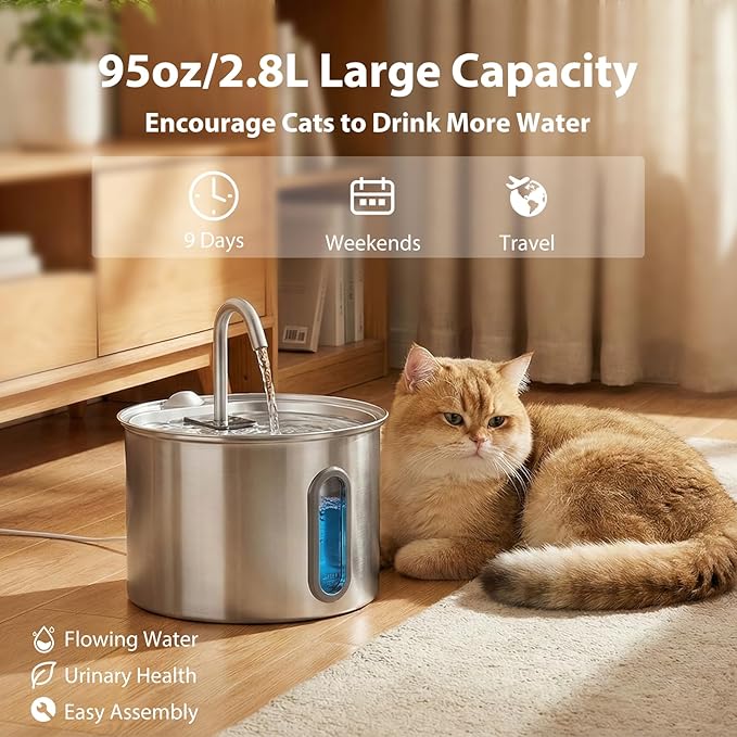 304 Stainless Steel Cat Water Fountain - 2.8L/95oz Quiet Electric Pet Water Fountain with Multi-Stage Filtration, Easy to Clean & Assemble (Pet Water Fountain+6 Filters)