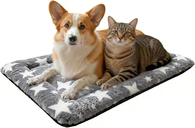 Washable Dog Bed Mat With Anti-Slip Bottom, Deluxe Plush Memory Foam Crate Pad & Waterproof Outdoor Kennel Mat For Dogs & Cats-Durable Crates Beds, Large Medium Small Puppy Size 24" x 18",Gray