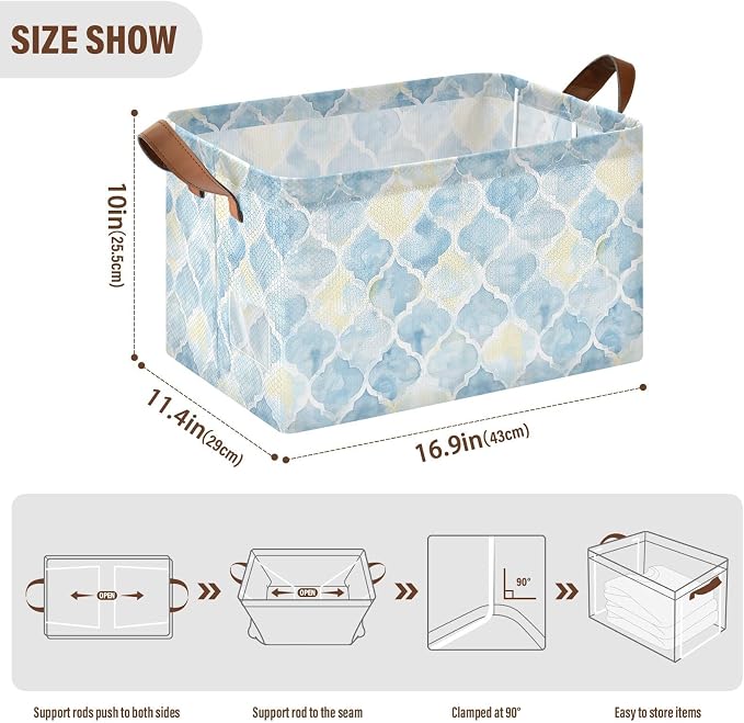 Light Blue Yellow Moroccan Tile Storage Bins for Shelves with Labels&Handles Fabric Organizer Bin Foldable Rectangle Storage Basket Boxes for Closet, Bathroom, Home, Living Room, 2 Pack