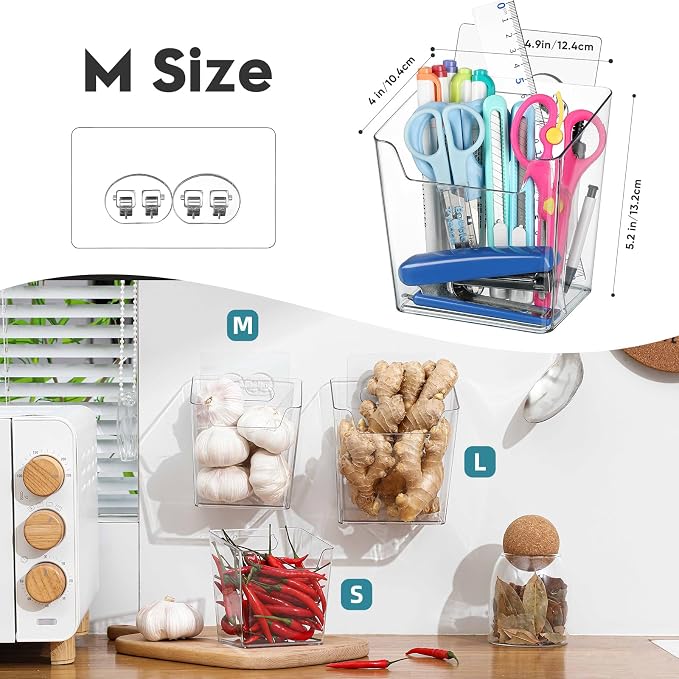 2-Pack Adhesive Cabinet Door Organizer, Hanging Storage Bins, Stick on Small Wall Basket, Bathroom Makeup Organizer, Inside Under Cabinet Storage Container for Kitchen, Pantry Organizer, Office, Dorm