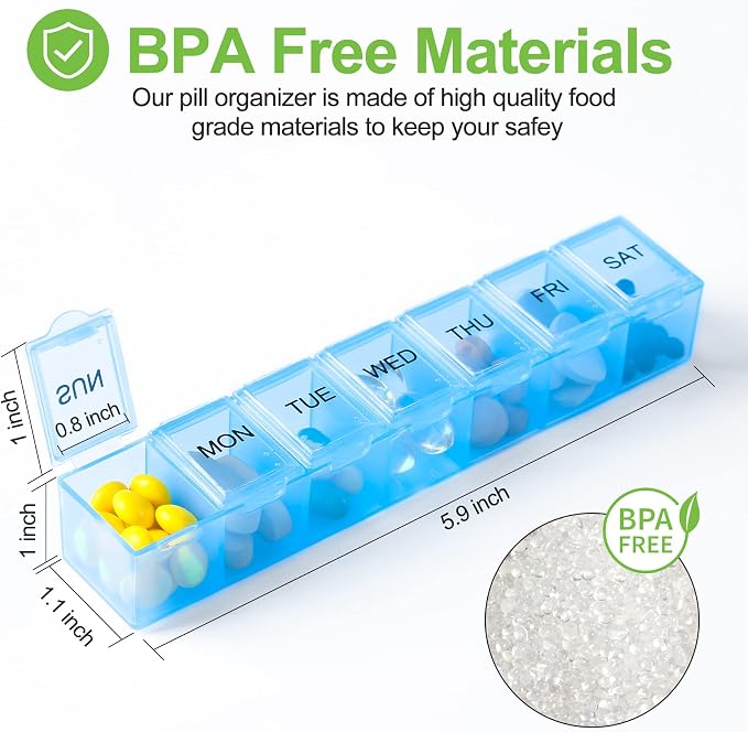 4 Pack Weekly Pill Organizer, 7 Days Pill Case Travel Daily Pill Box | Portable Medicine Organizer and Planner with Compartment for Vitamins, Fish Oil, Supplements and Medication (4 Colors)