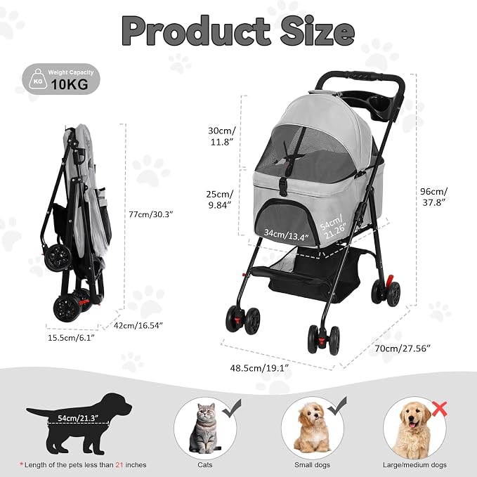 4 Wheel Foldable Pet Stroller – Removable Carrier for Dog Cat, Breathable Mesh Canopy, Storage & Cup Holder, Lightweight Pet Cart Holds 17.6 lbs for Walks Travel Light Grey