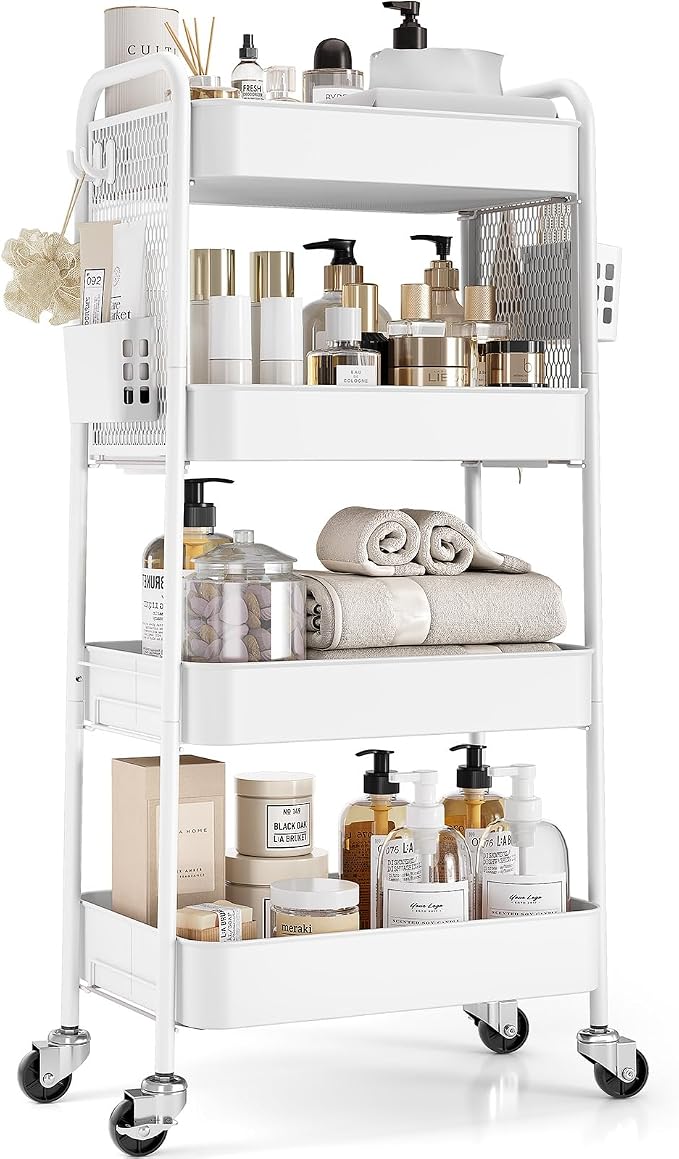 TOOLF 4 Tier Rolling Cart, Metal Utility Storage Cart with Pegboard, White | 2 Bins & 4 Hooks, Screwless Assembly, Lockable Wheels, Trolley Organizer for Bathroom, Kitchen, Office, Dorm, Craft Room