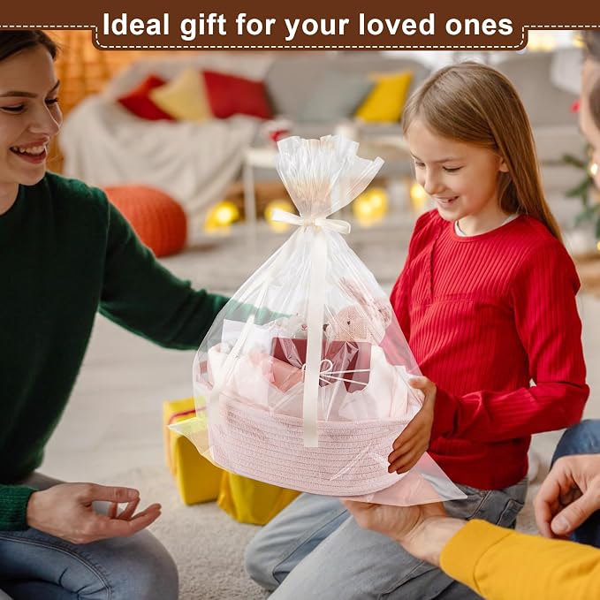 OIAHOMY Gift Basket with Handle, Small Woven Basket with Gift Bag, Ribbon and Wrap Tissue Paper, Nursery Bins Empty to Fill with Small Items, Baby, Pet Toy Organizer - Pink
