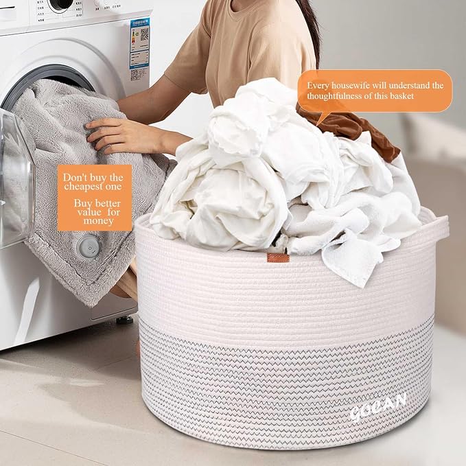 Cotton Rope Woven Laundry Basket 22"X 22"X 14" with handles(Beige) XXXL | Hand-woven, ideal for storing blankets and cushions in the living room, and clothes for household storage.