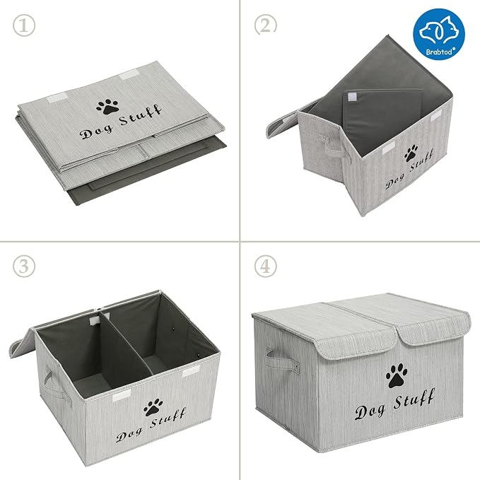 Large Dog Toys Storage Box Canvas Storage Basket Bin Organizer with Lid - Collapsible Linen Bin Ideal for Organizing Dog Cat Toys and pet Stuff-PP Boad-17" x 12" x 10" - Slub Gray