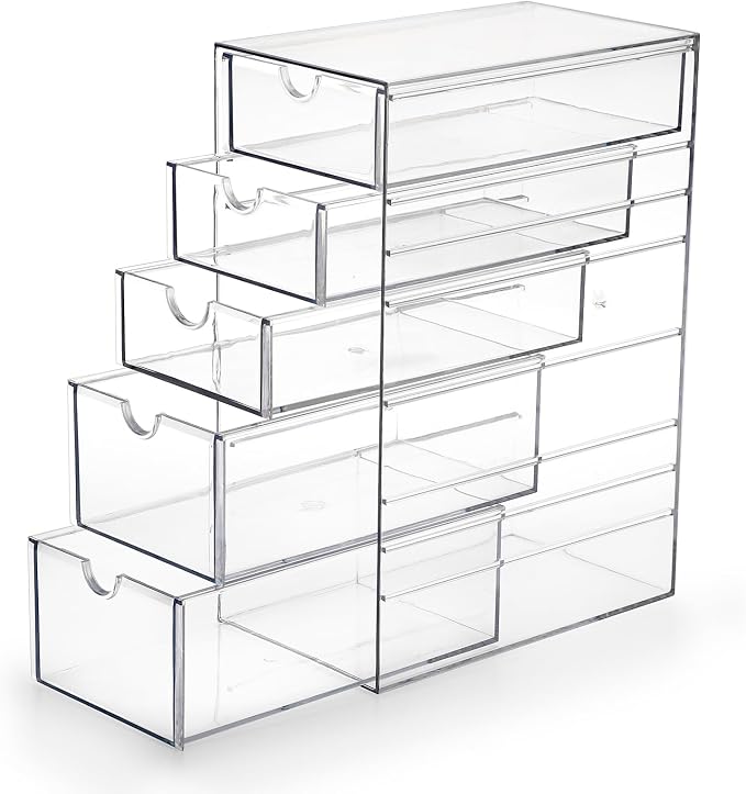 Hipiwe 5-Drawers Plastic Storage Organizer Clear Hair Accessories Organizer | Large Capacity Drawers Box for Bathroom, Dresser, Cosmetic Hair Tie Container for Women