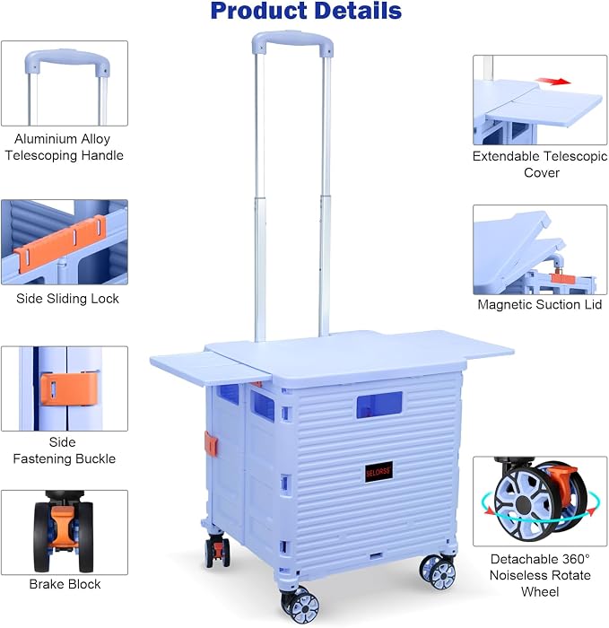 Foldable Utility Cart Collapsible Portable Crate Rolling Carts with Wheels Tote Basket with Magnetic Lid Telescopic Cover Wear-Resistant 360°Rotate Wheel Noiseless for Shopping Storage Office Use