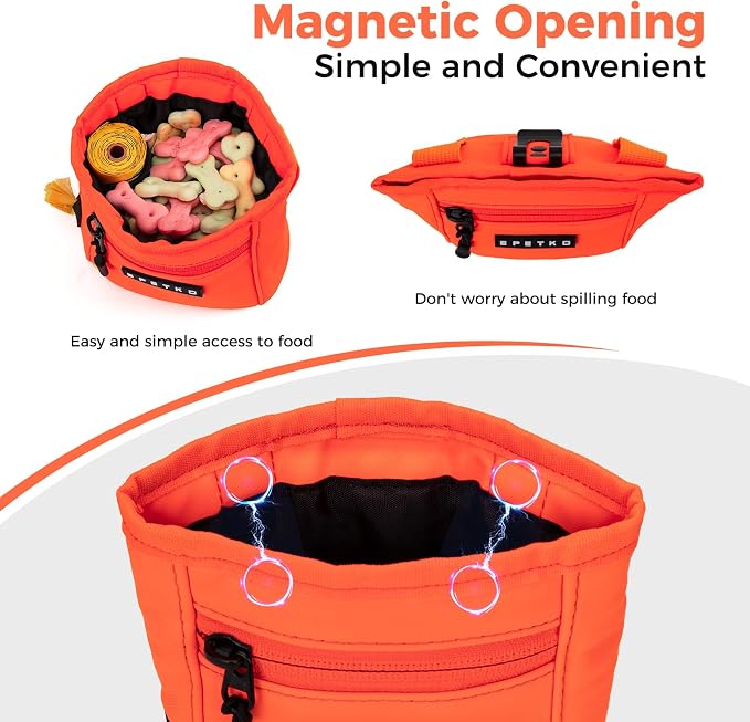 Dog Treat Pouch, Powerful Magnet Closure Device Dog Training Treat Bag Large Capacity Pet Treat Pouch with Poop Bag Dispenser Treat Bag for Dog Training with Metal Waistband Clip (Orange)