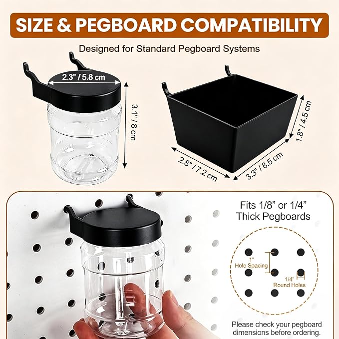 20PCS Pegboard Organizer Accessories, 10 Clear PET Jars with Lids & 10 Open ABS Bins, Fits 1/8” & 1/4” Pegboards, Wall Organizer Set for Garage, Workshop, Craft Room, Office & Home